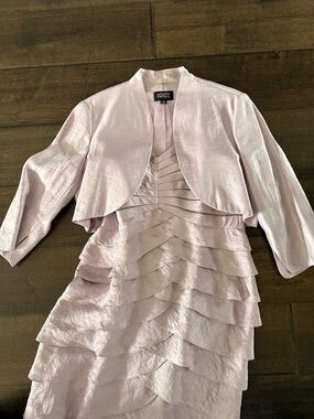 Adrianna Papell Shimmery Lilac Tiered Dress with Cropped Bolero